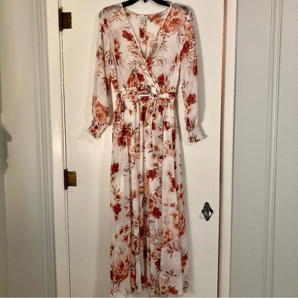White and red floral v neck and tie maxi dress